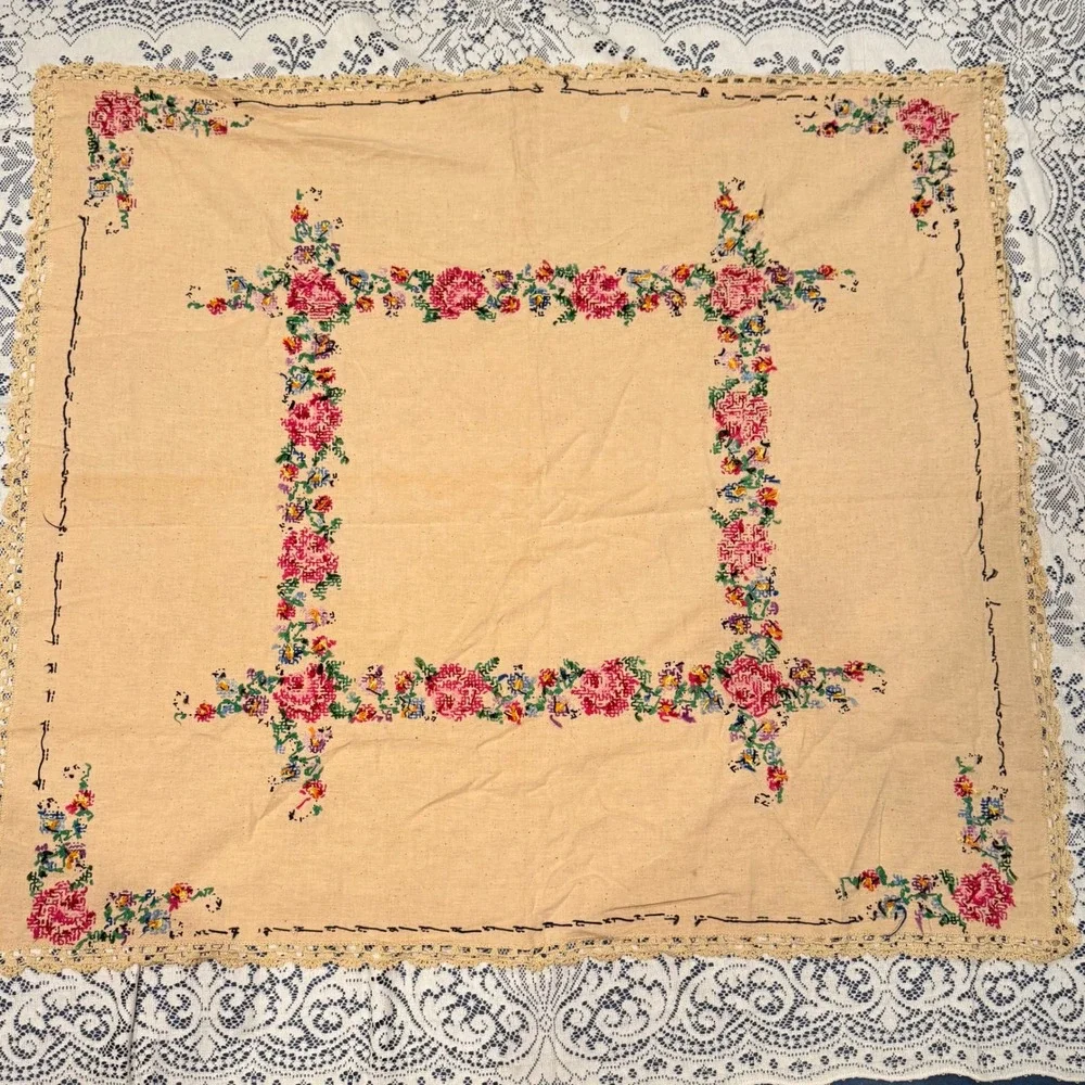 Vintage Embroidered Table Cloth Colorful Floral Cross Stitch Crochet‎ Edge 48x53